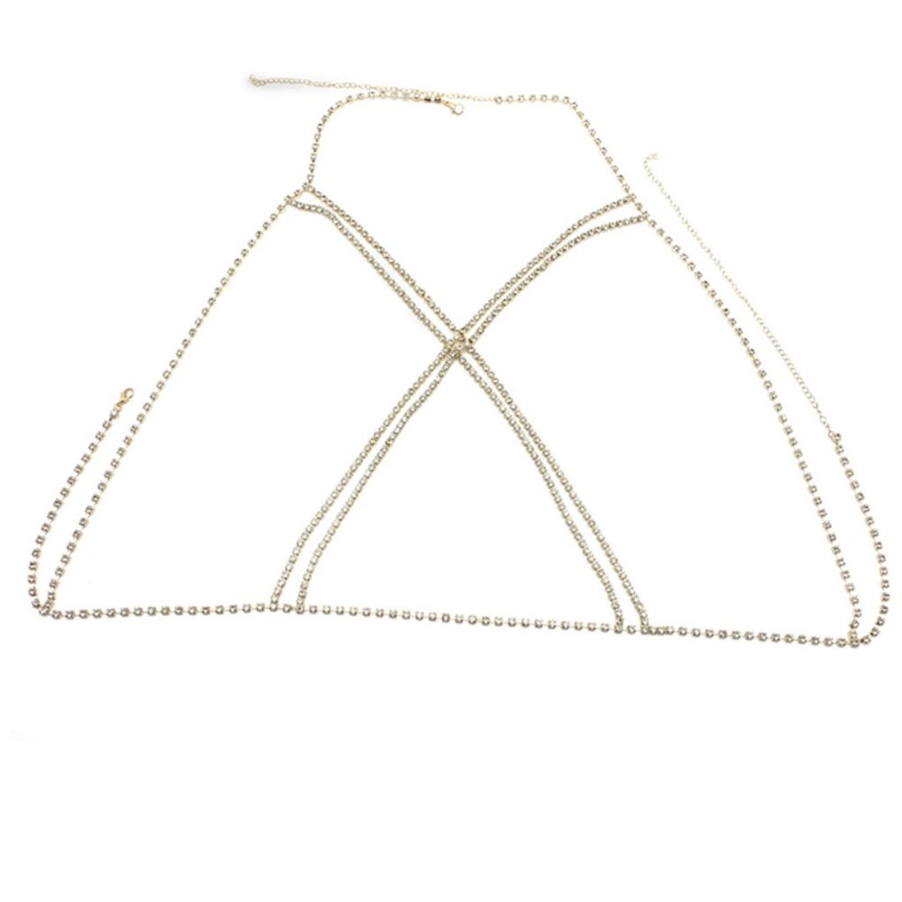 Double Criss Cross Sparkling Rhinestone Bust Body Harness Chain - Picture 5 of 6